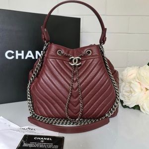 Chanel Burgandy Deerskin Drawstring Bucket Bag Med